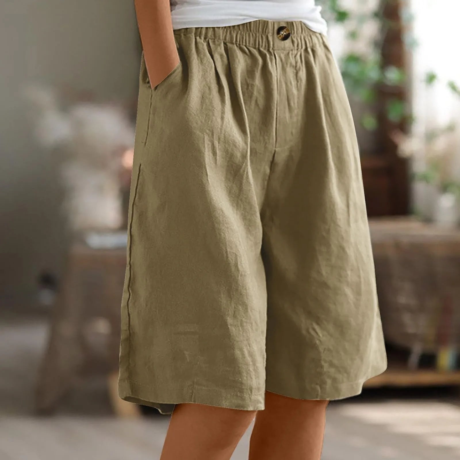 Women’s Cotton Linen Capris – Button-Up Pocket Shorts