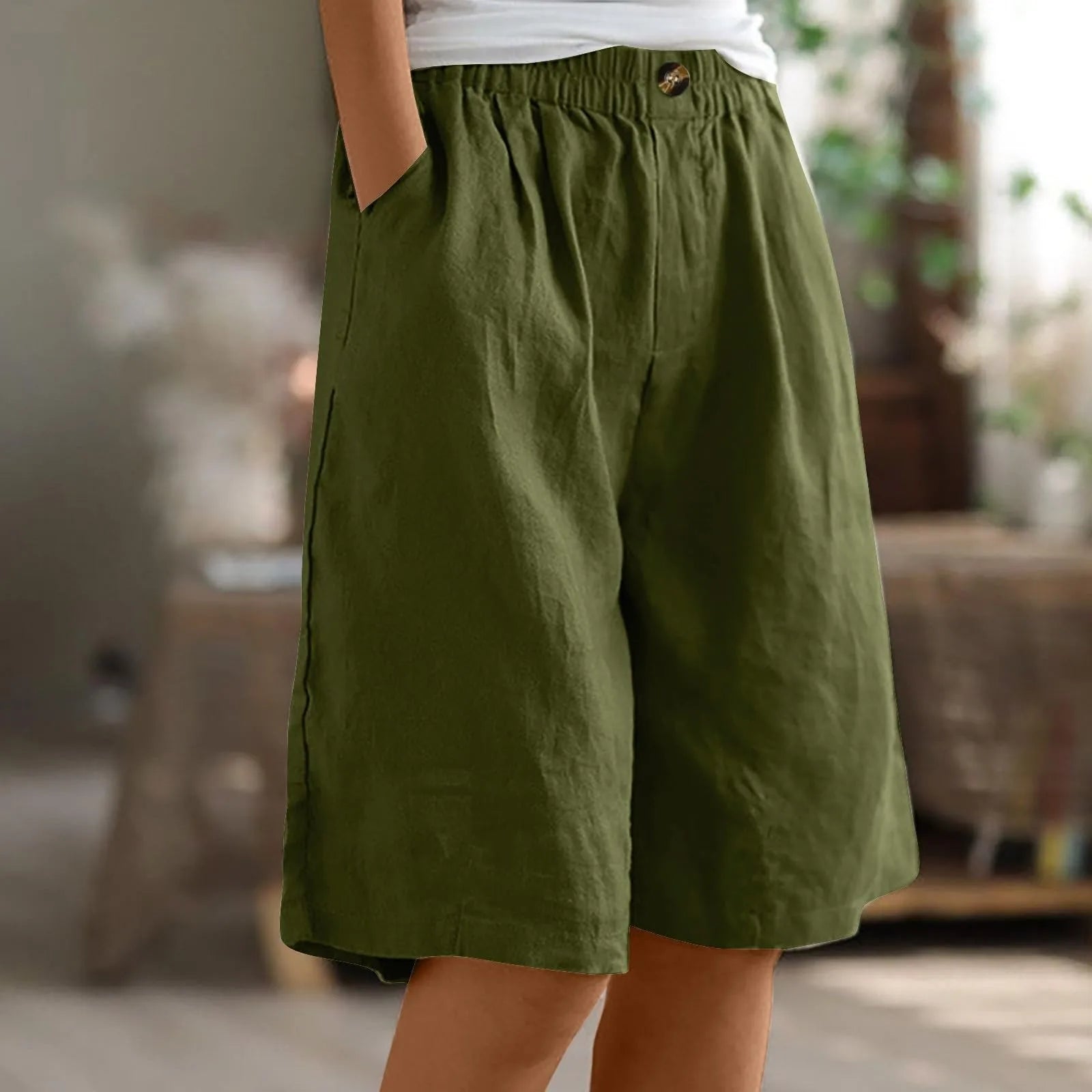 Women’s Cotton Linen Capris – Button-Up Pocket Shorts
