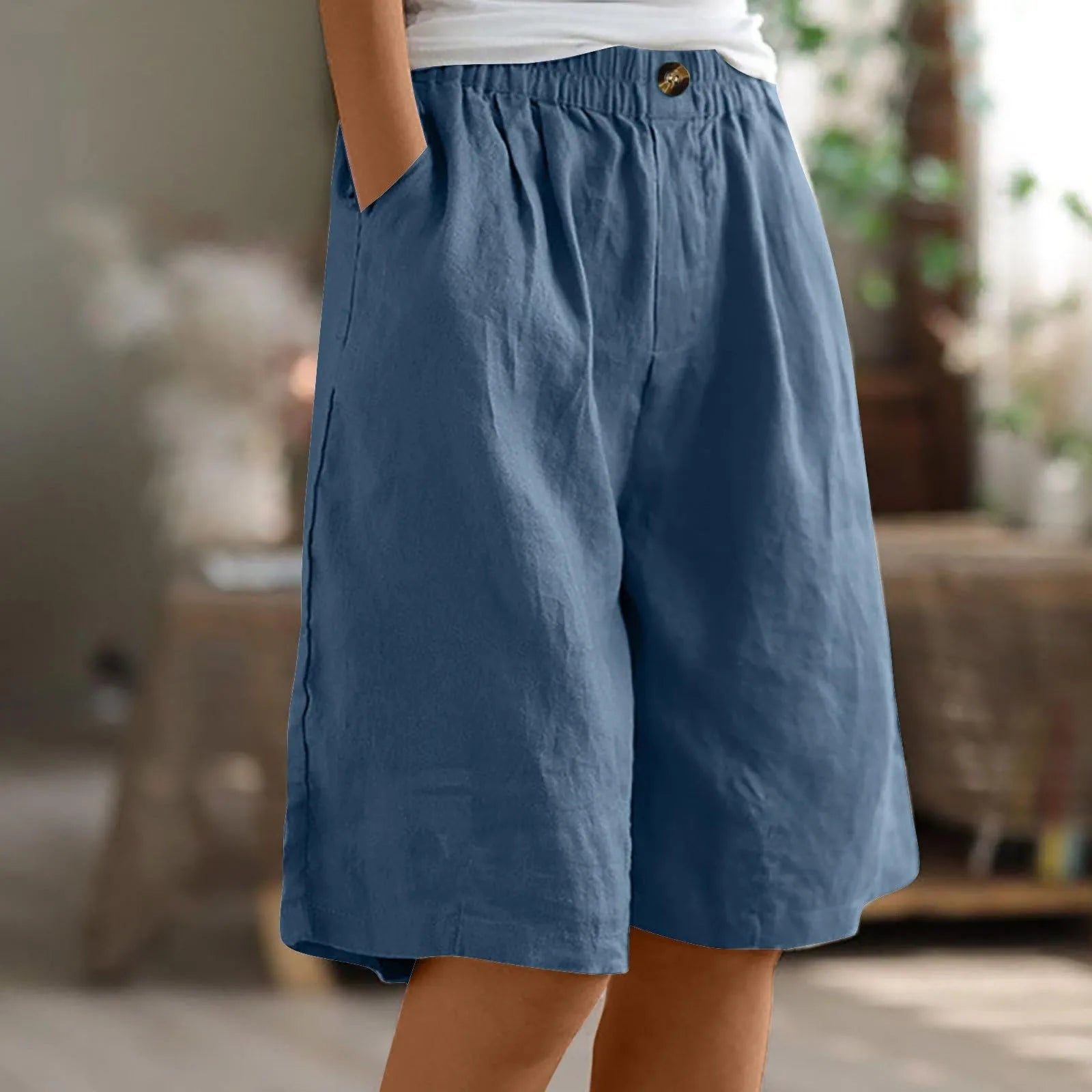 Women’s Cotton Linen Capris – Button-Up Pocket Shorts