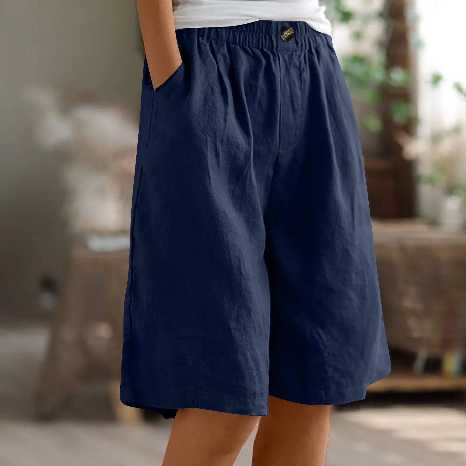Women’s Cotton Linen Capris – Button-Up Pocket Shorts
