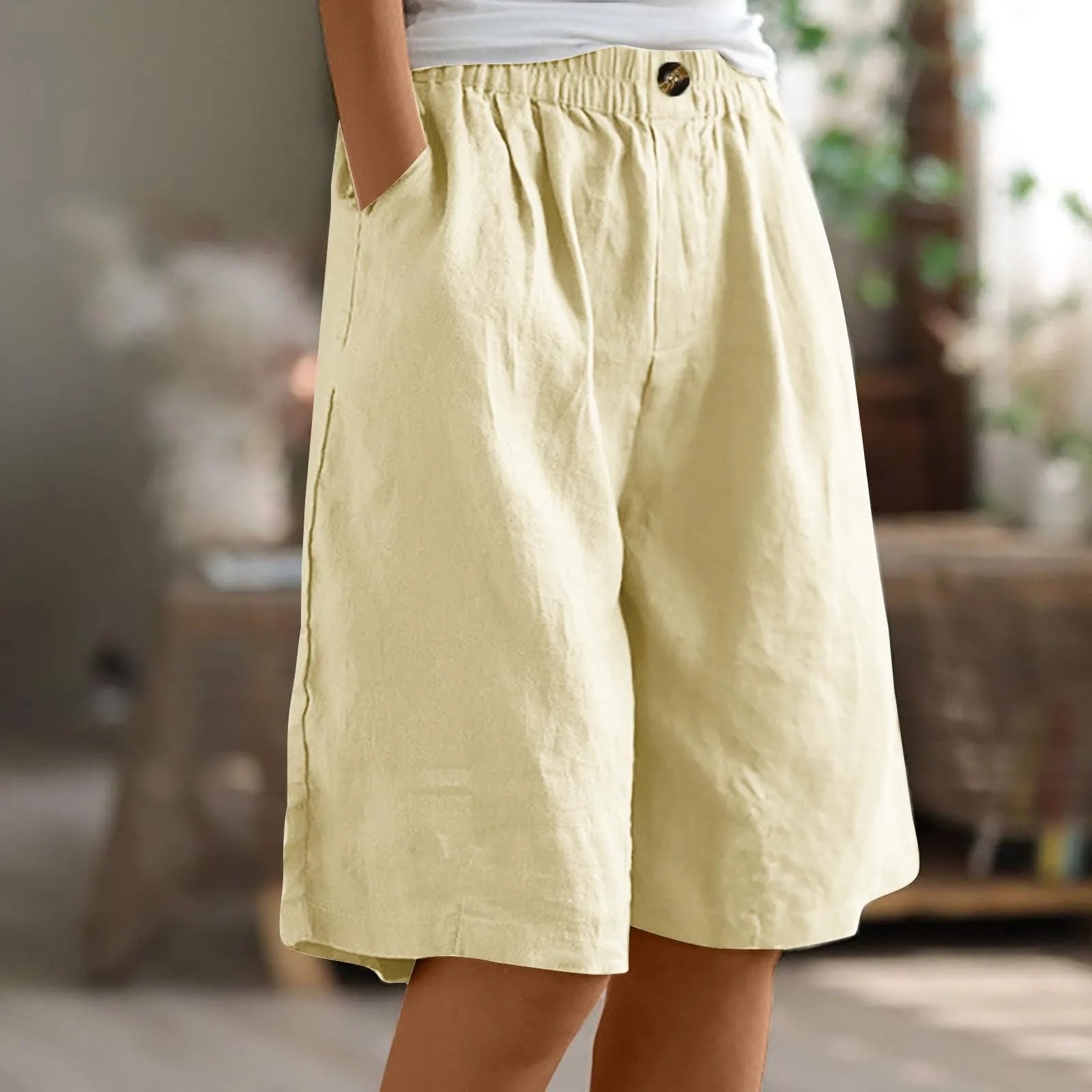 Women’s Cotton Linen Capris – Button-Up Pocket Shorts