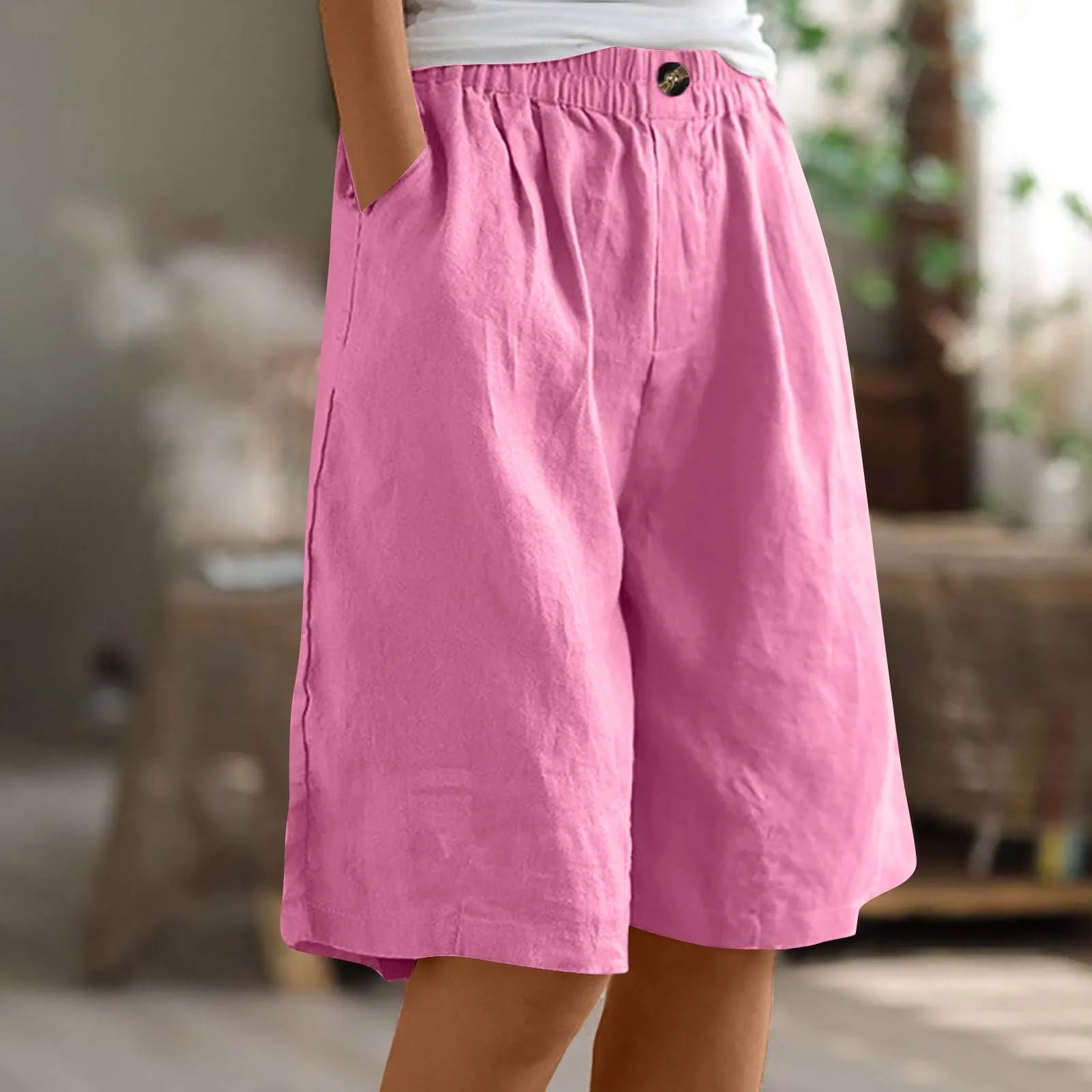 Women’s Cotton Linen Capris – Button-Up Pocket Shorts