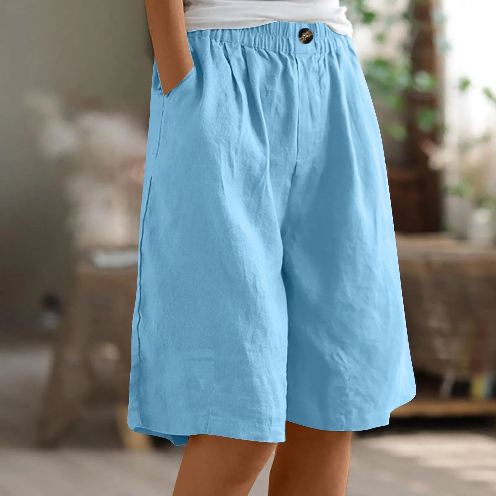 Women’s Cotton Linen Capris – Button-Up Pocket Shorts