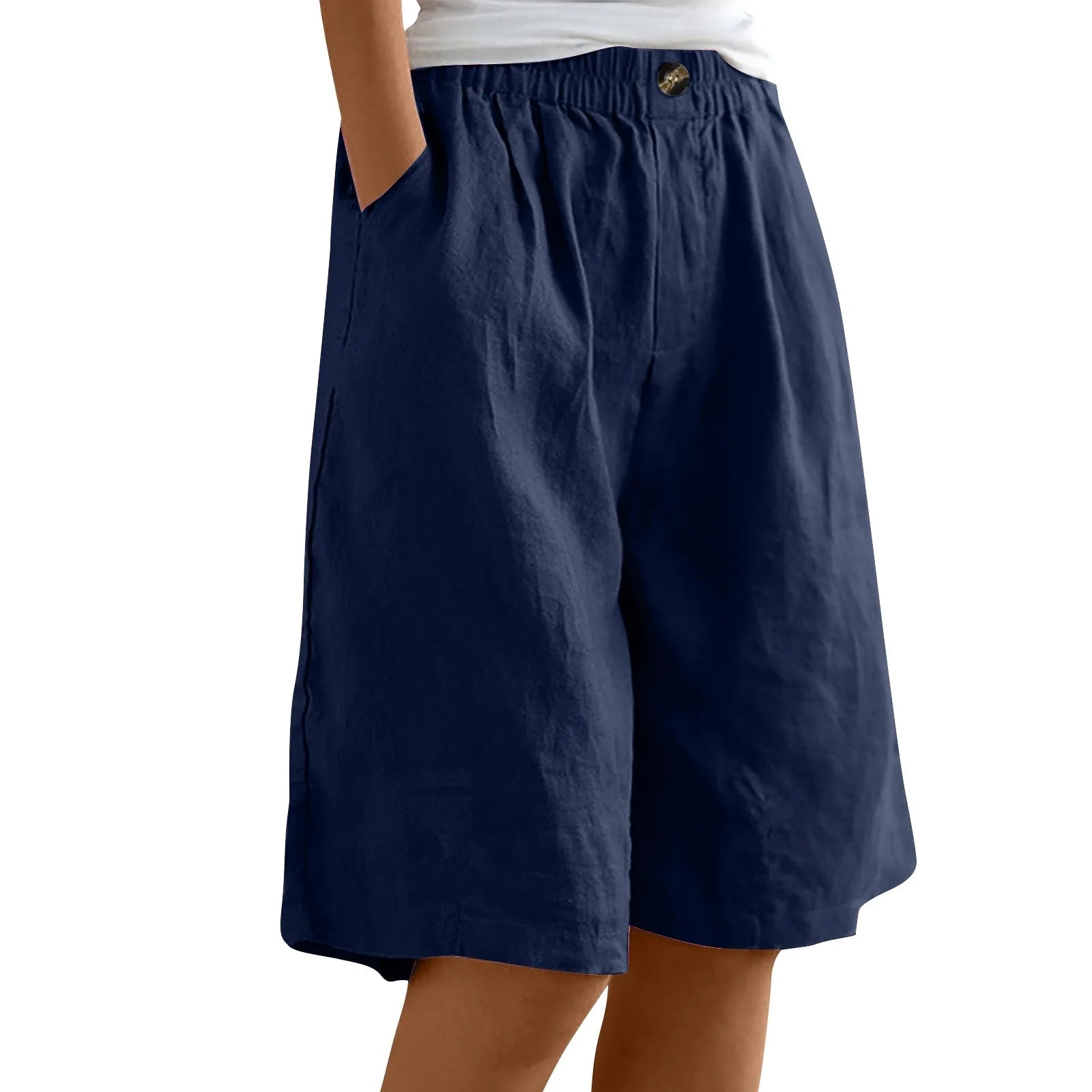 Women’s Cotton Linen Capris – Button-Up Pocket Shorts