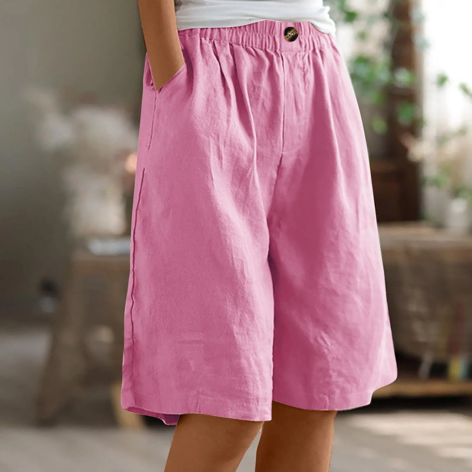 Women’s Cotton Linen Capris – Button-Up Pocket Shorts