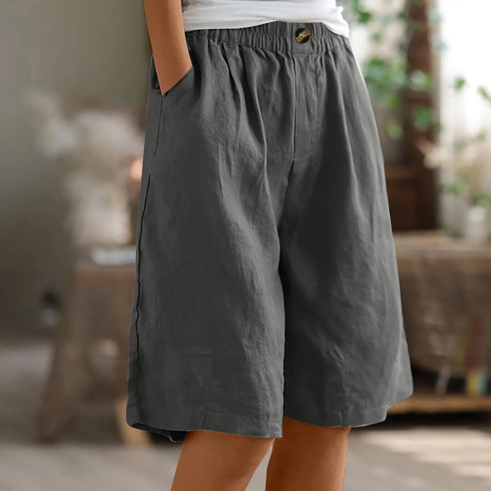 Women’s Cotton Linen Capris – Button-Up Pocket Shorts