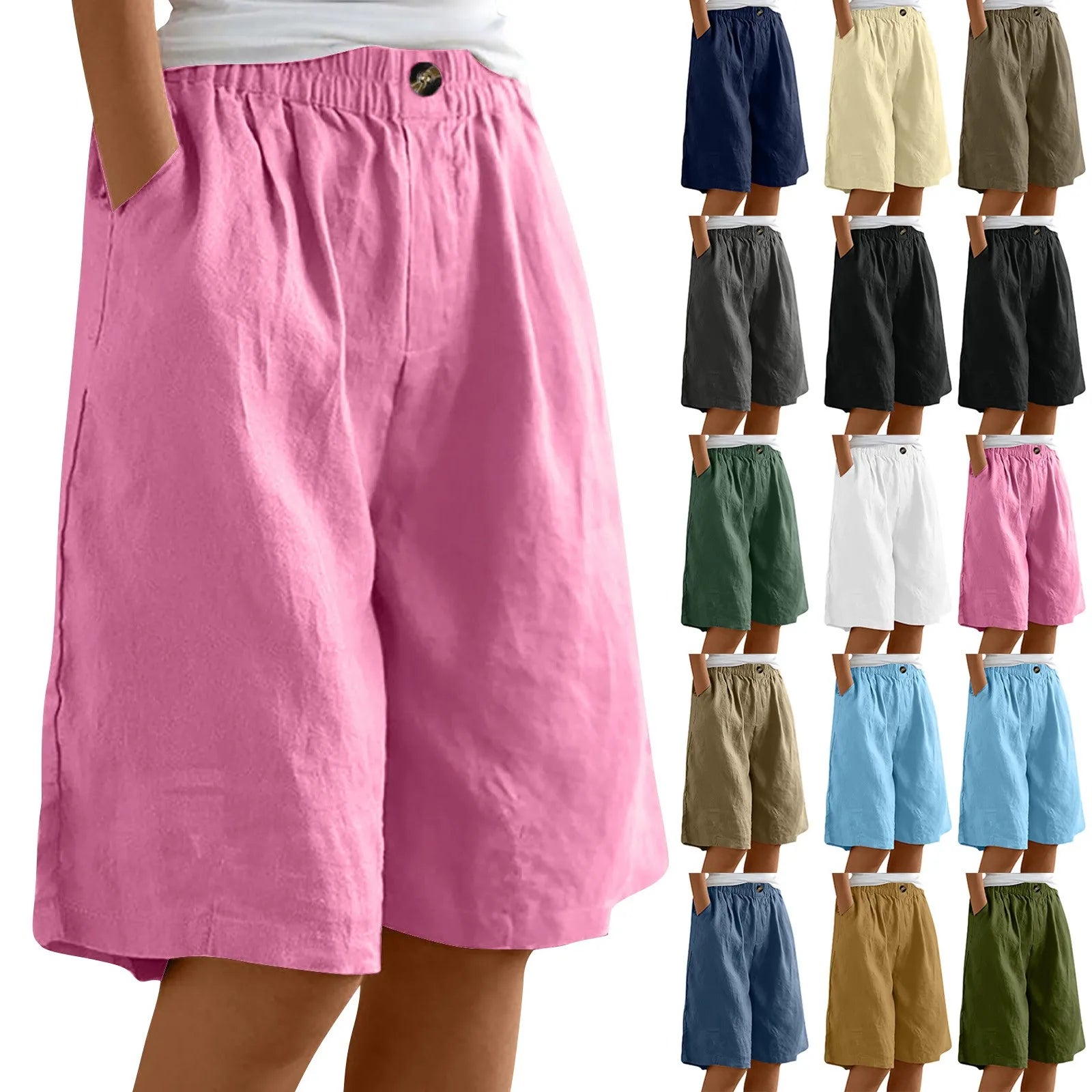 Women’s Cotton Linen Capris – Button-Up Pocket Shorts