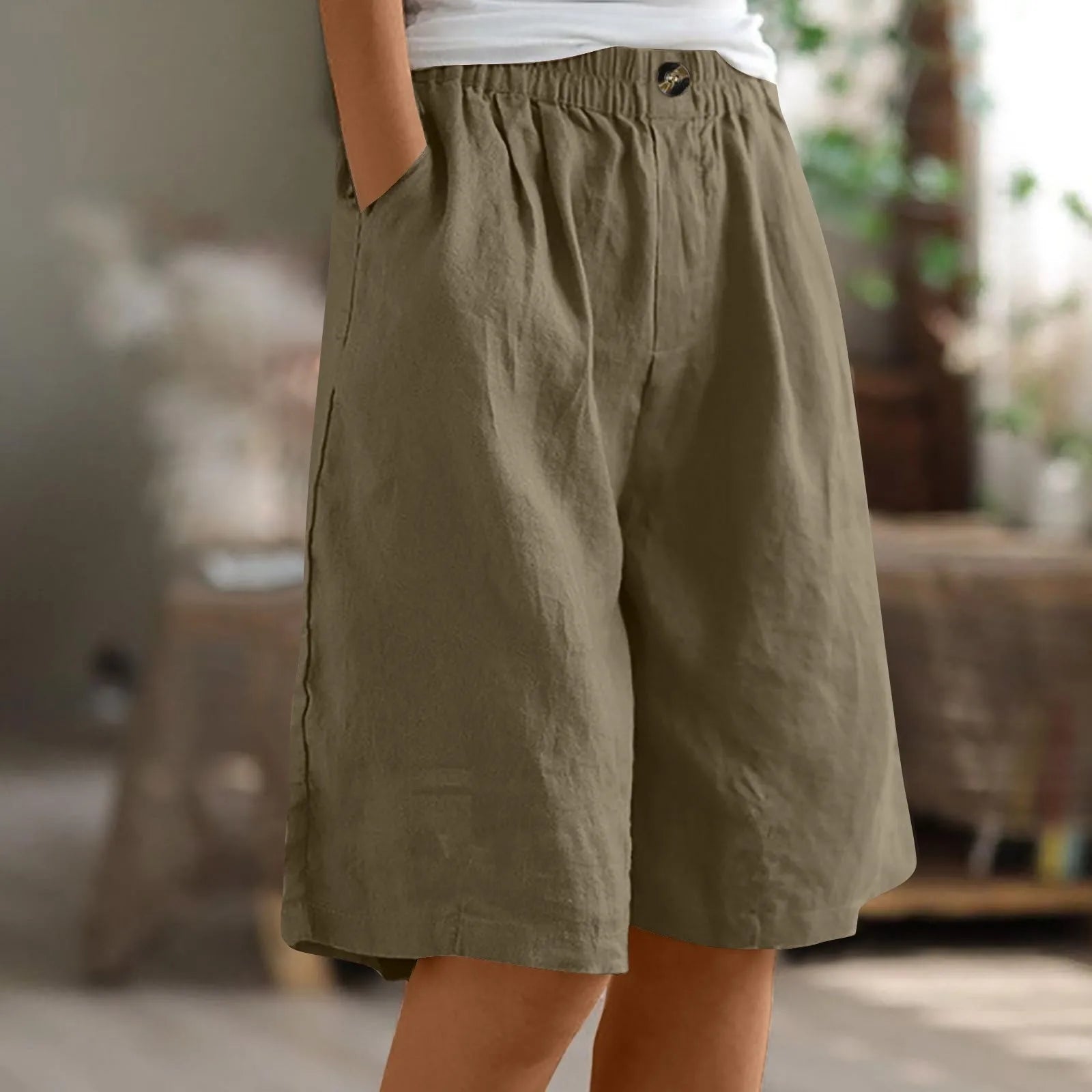 Women’s Cotton Linen Capris – Button-Up Pocket Shorts