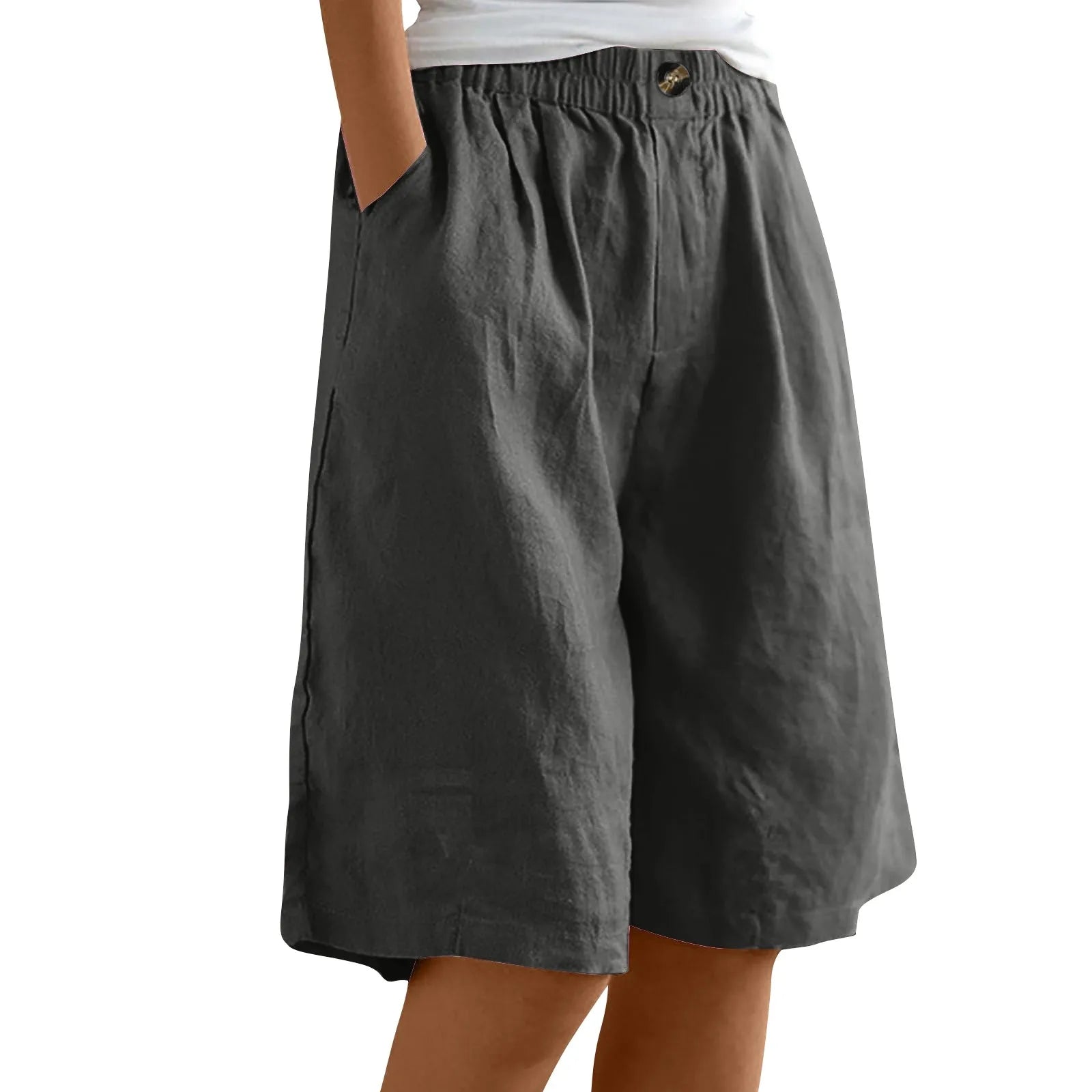 Women’s Cotton Linen Capris – Button-Up Pocket Shorts