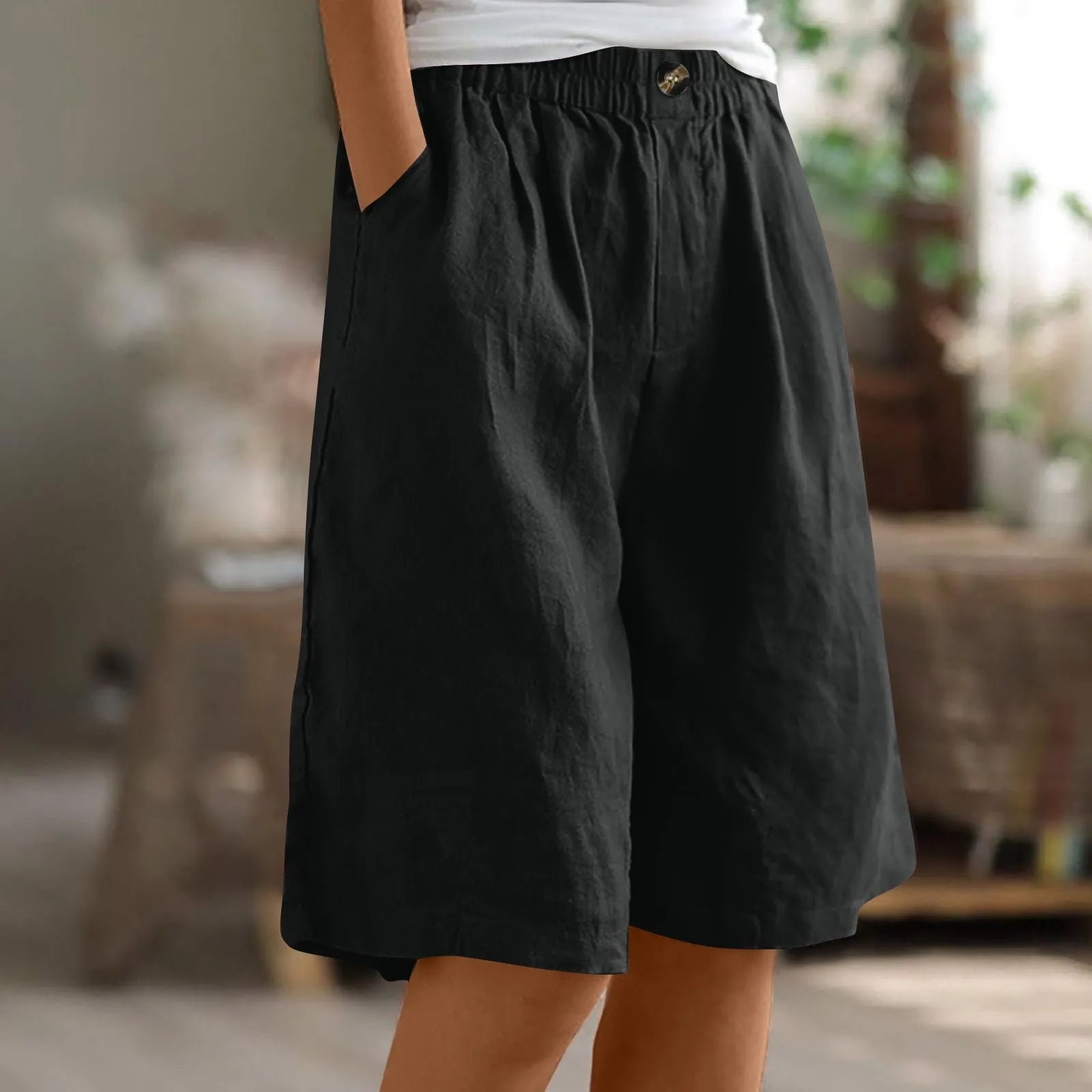 Women’s Cotton Linen Capris – Button-Up Pocket Shorts