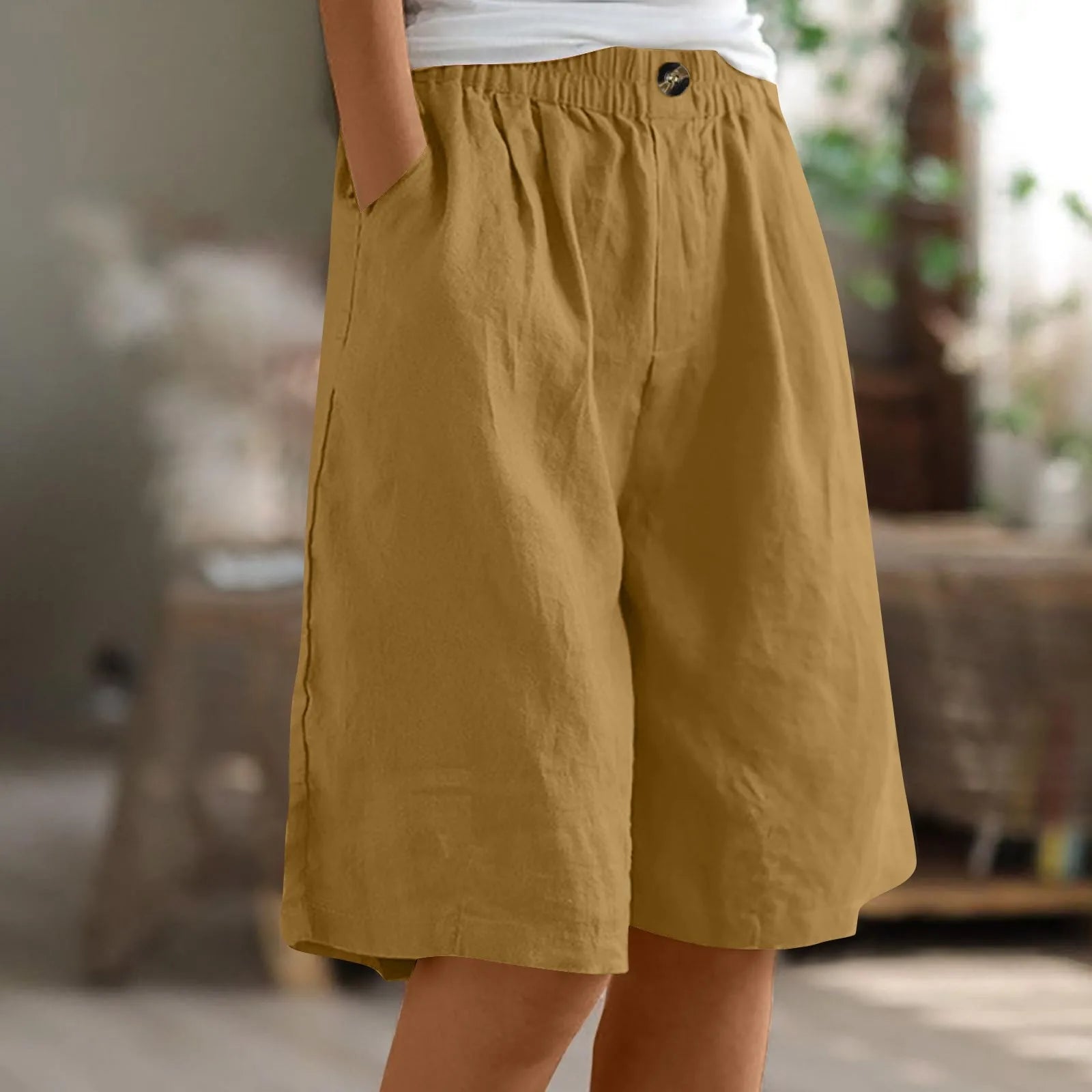 Women’s Cotton Linen Capris – Button-Up Pocket Shorts